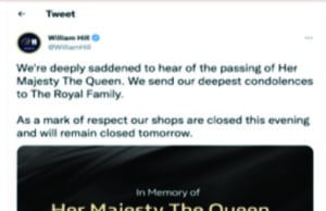 I bookmaker inglesi rimangono chiusi come segno di rispetto per la morte della Regina